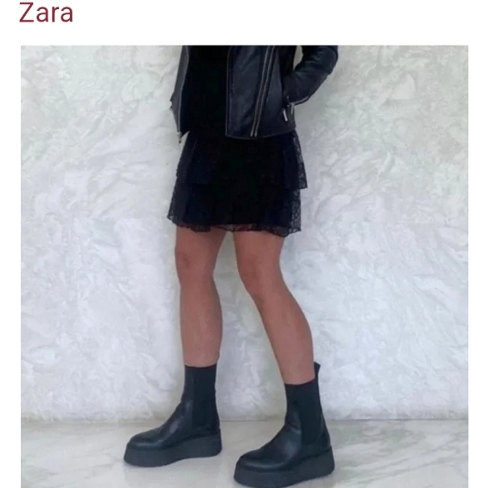 ZARA WOMEN'S FLAT LEATHER PLATFORM ANKLE BOOTS Black Genuine Leather  US 9 NWT
